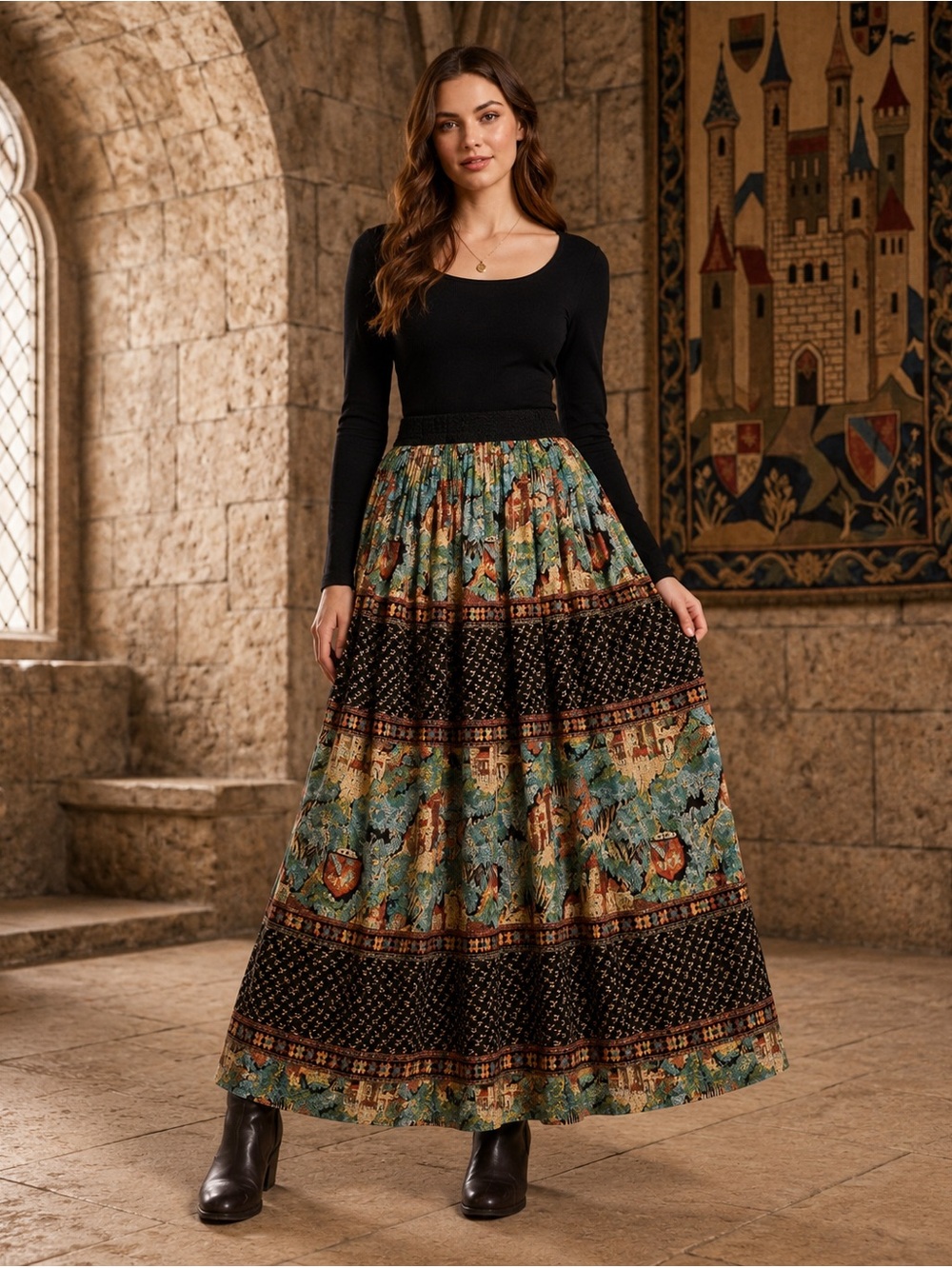 VTG 80s Karen Kane Tapestry Maxi Skirt 10 Medieval Baroque Renaissance